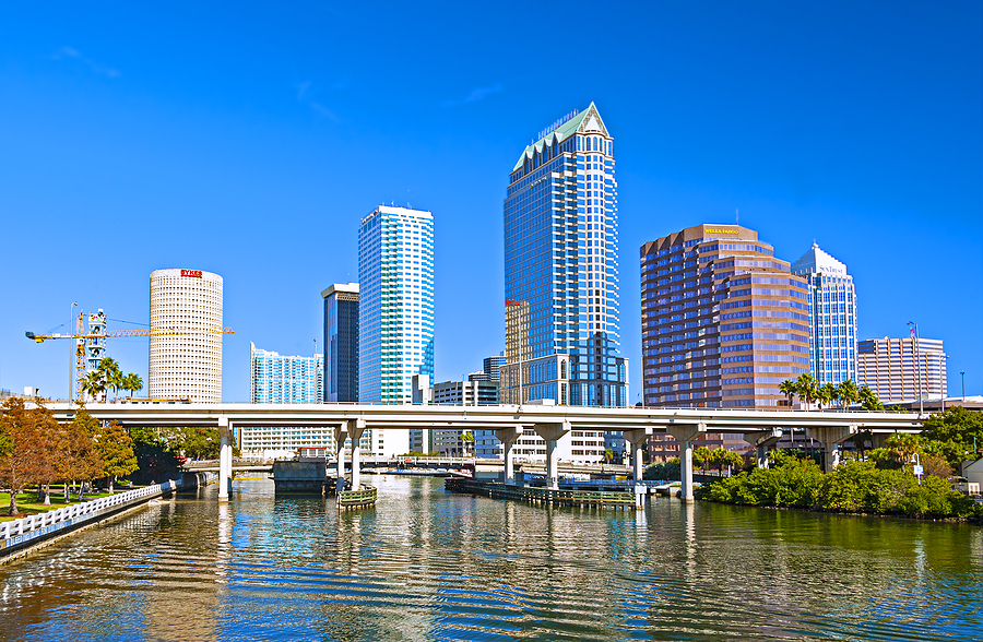Tampa, Florida - December 30, 2017: View of the city waterfront and the Tampa business district