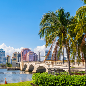 west palm beach bridge with palm trees and buildings