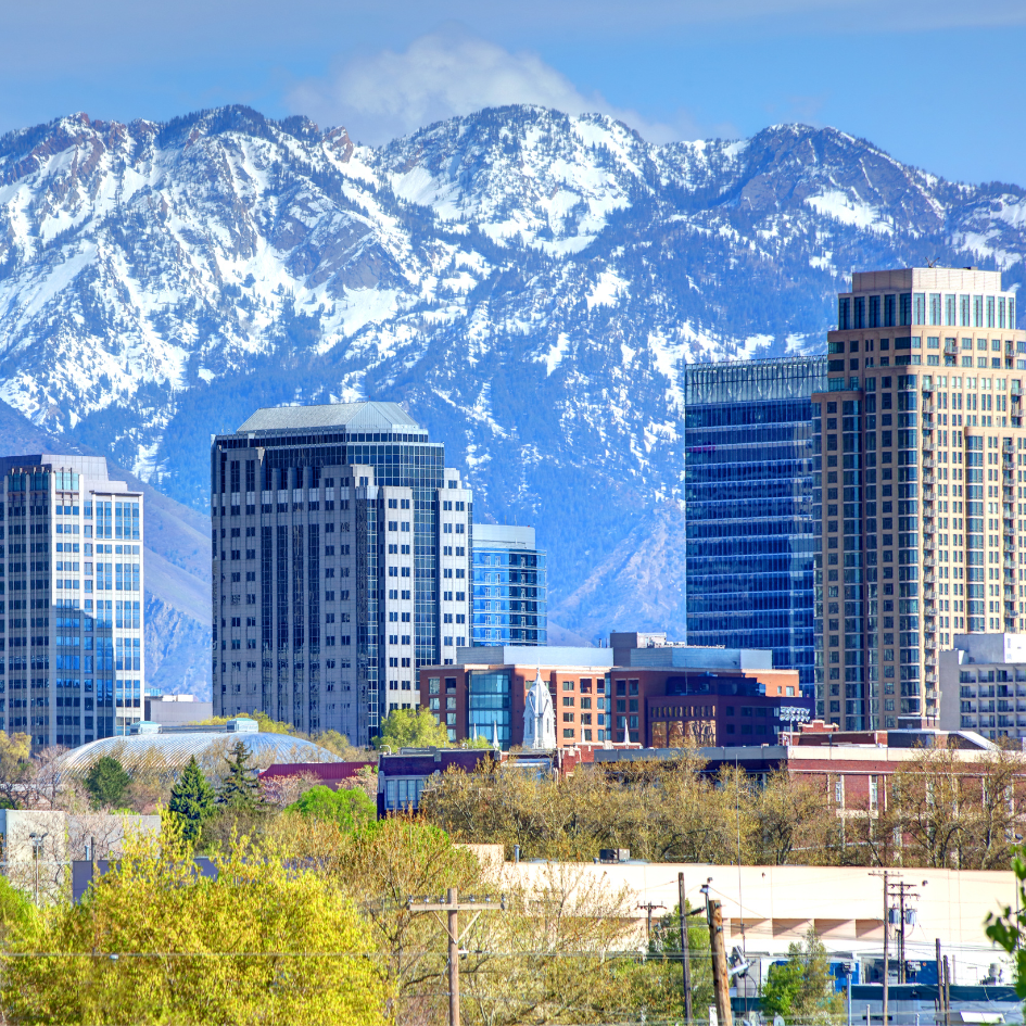 Salt Lake City skyline with mountains in the background